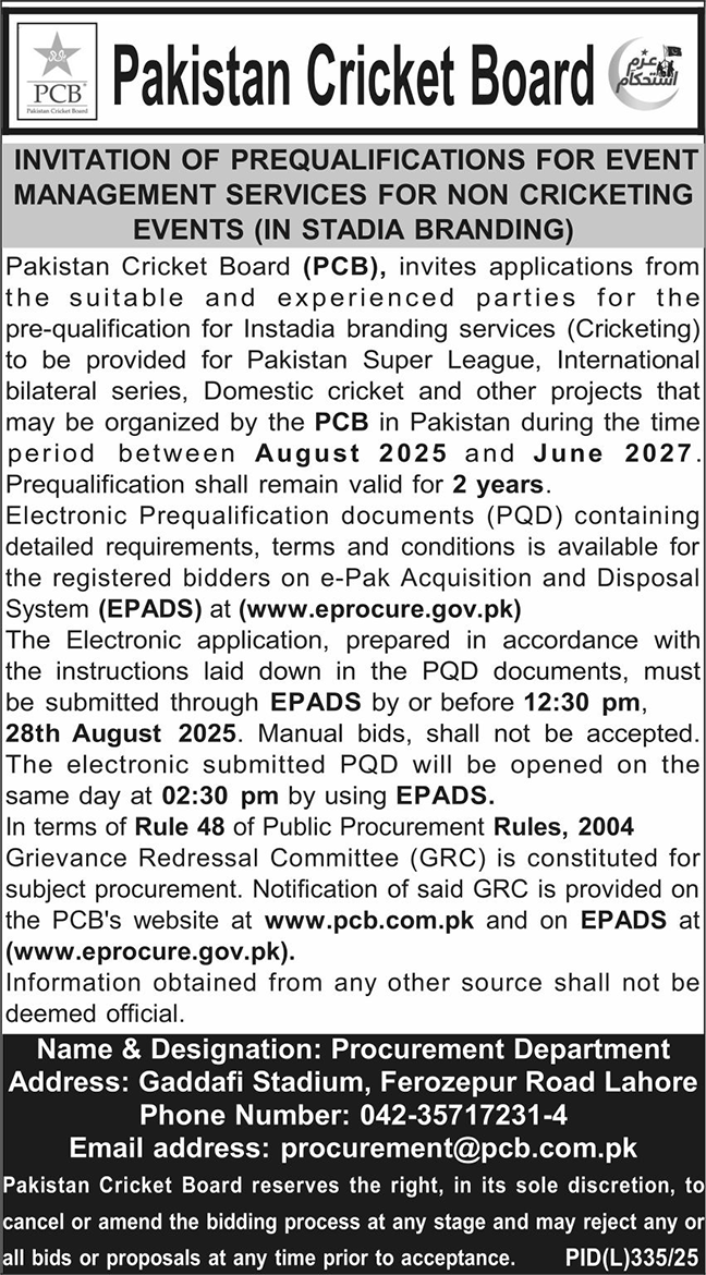 Pakistan Cricket Board Lahore Tender Notice